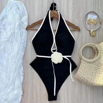 Women Fashion Contrast Floral Neck One-Piece Swimsuit