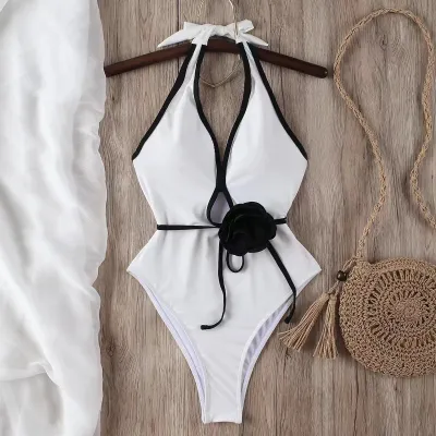 Women Fashion Contrast Floral Neck One-Piece Swimsuit