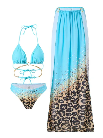 Women Sexy Leopard Print Chain Bikini Three-Piece Set