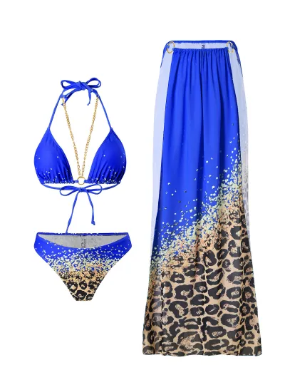 Women Sexy Leopard Print Chain Bikini Three-Piece Set