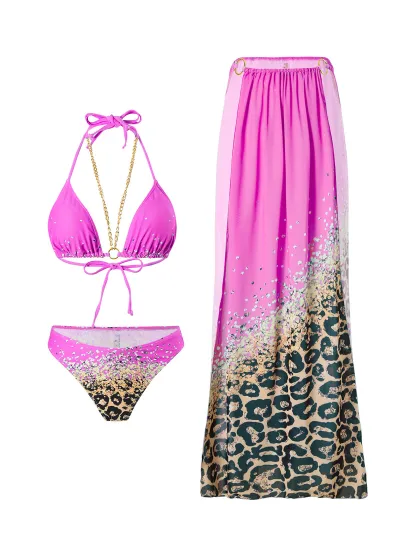 Women Sexy Leopard Print Chain Bikini Three-Piece Set