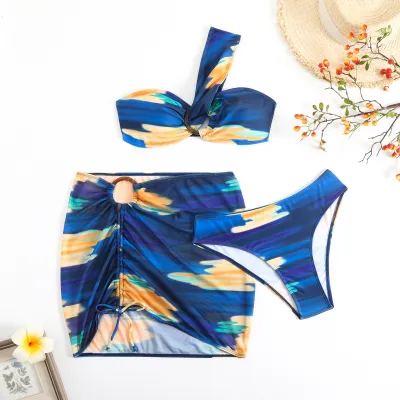 Women Sexy Tie-Dye Printed Swimsuit Three-Piece Set