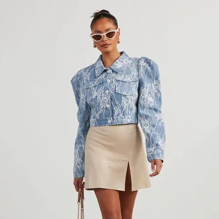 Women Casual Loose Floral Lace Lapel Long-Sleeve Denim Jacket