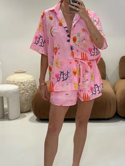Women Casual Printed Laple Short-Sleeve Blouse Loose Drawstring Shorts Two-Piece Set
