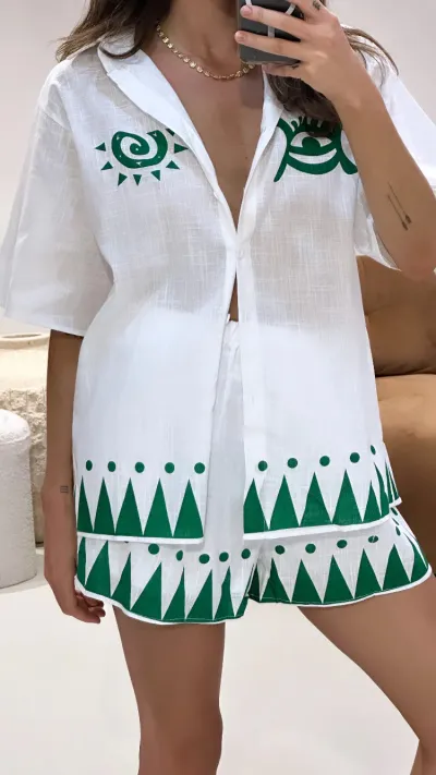 Women Casual Printed Laple Short-Sleeve Blouse Loose Drawstring Shorts Two-Piece Set