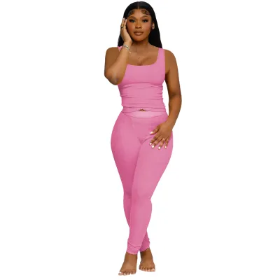 Women Solid Color Polyester Tank Top and Tight Pants Two-Piece Set