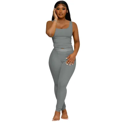 Women Solid Color Polyester Tank Top and Tight Pants Two-Piece Set
