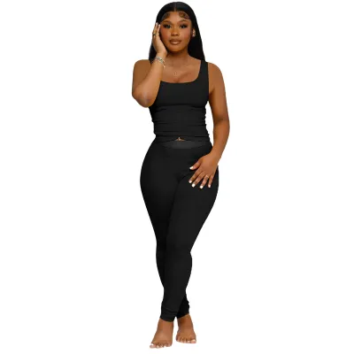 Women Solid Color Polyester Tank Top and Tight Pants Two-Piece Set