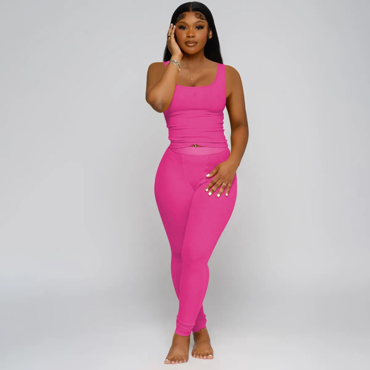 Women Solid Color Polyester Tank Top and Tight Pants Two-Piece Set