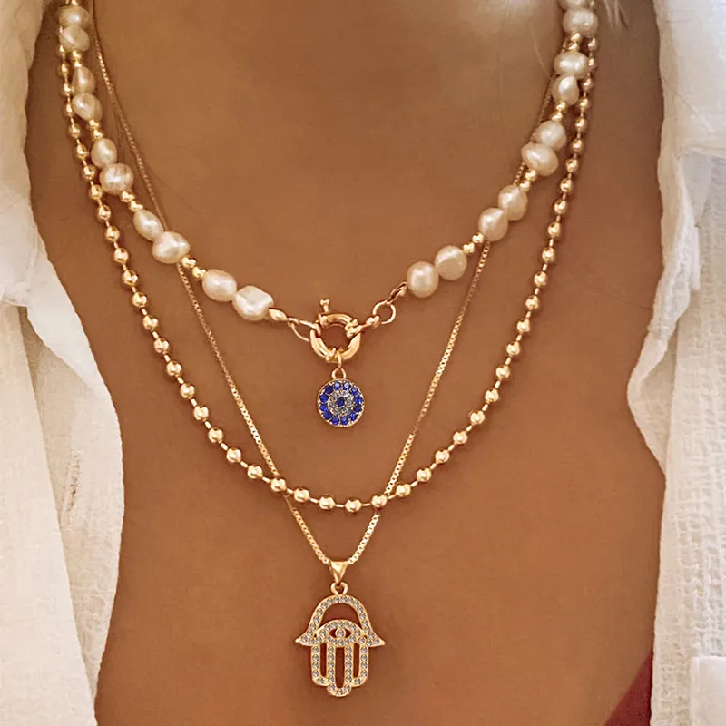 Exaggerated Evil Eye Rhinestone Multilayer Pearl Chain Alloy Necklace
