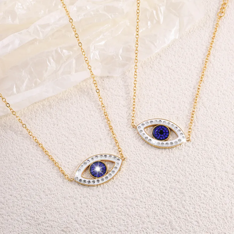 Fashion Rhinestone Stainless Steel Evil Eye Pendant Necklace