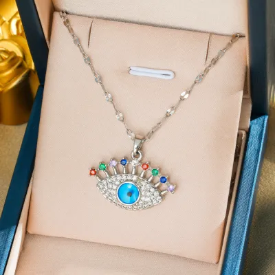 Evil Eye Stainless Steel Rhinestone Geometry Necklace