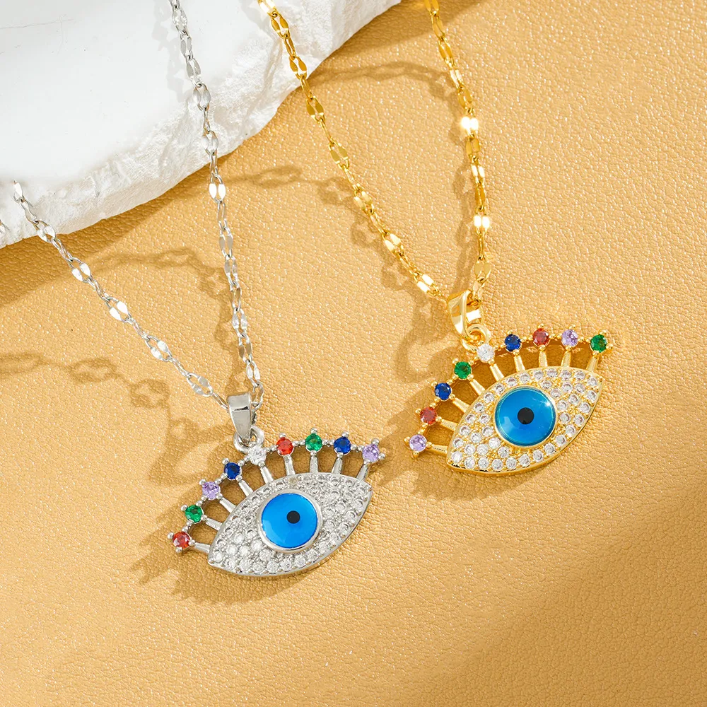 Evil Eye Stainless Steel Rhinestone Geometry Necklace
