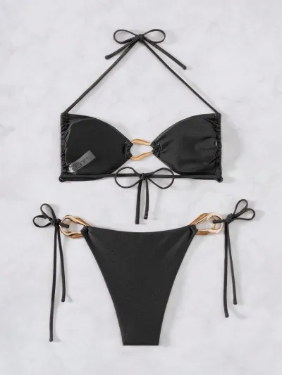 Women Sexy Solid Color Lace-Up Bikini