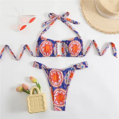 Women Sexy Multicolor Print Pleated Bikini