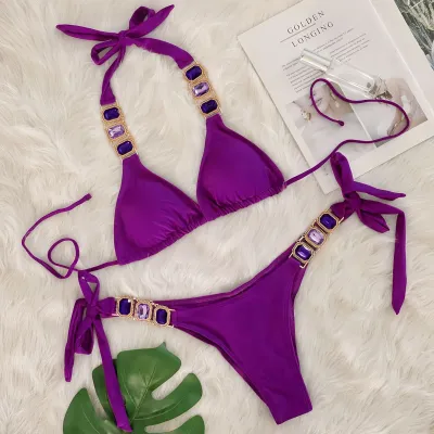 Women Sexy Solid Color Rhinestone Strap Bikini