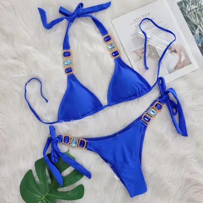 Women Sexy Solid Color Rhinestone Strap Bikini