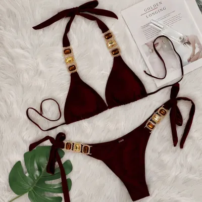 Women Sexy Solid Color Rhinestone Strap Bikini