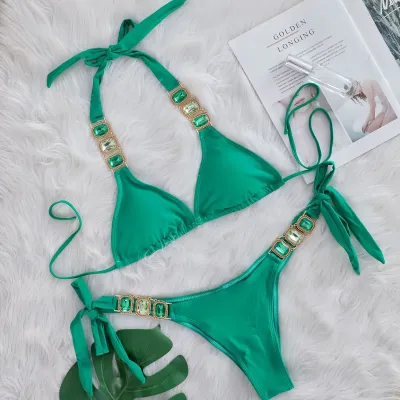 Women Sexy Solid Color Rhinestone Strap Bikini