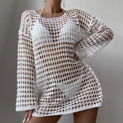 Women Sexy Solid Color Knit Hollow Cover-Ups