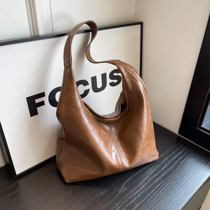 Women Fashion Casual Solid PU Bucket Bag Large Capacity Shoulder Bag