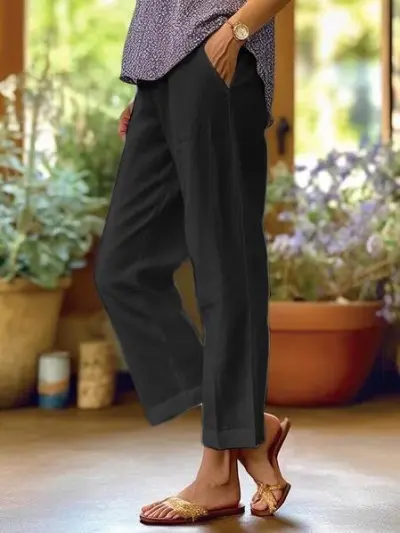 Women Casual Cotton Linen Loose Straight Leg Cropped Pants