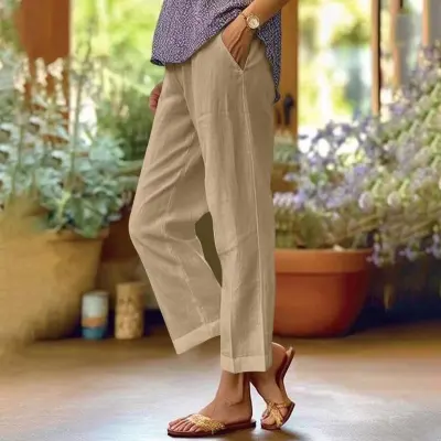 Women Casual Cotton Linen Loose Straight Leg Cropped Pants