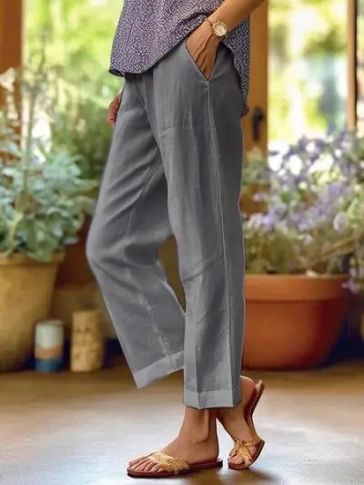 Women Casual Cotton Linen Loose Straight Leg Cropped Pants