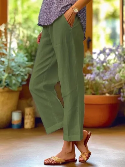 Women Casual Cotton Linen Loose Straight Leg Cropped Pants