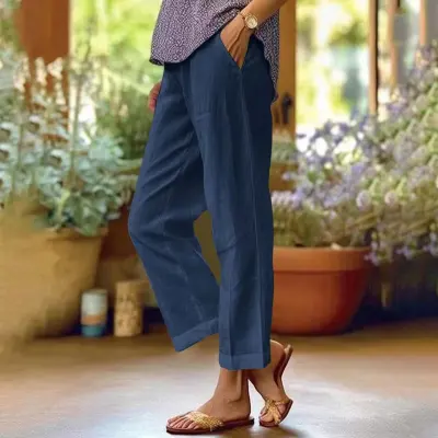 Women Casual Cotton Linen Loose Straight Leg Cropped Pants