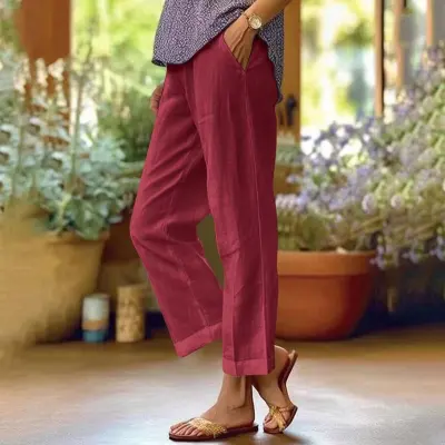 Women Casual Cotton Linen Loose Straight Leg Cropped Pants