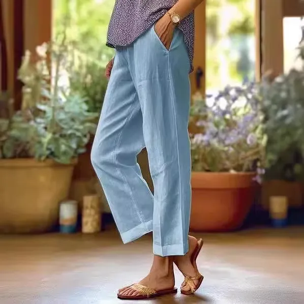 Women Casual Cotton Linen Loose Straight Leg Cropped Pants