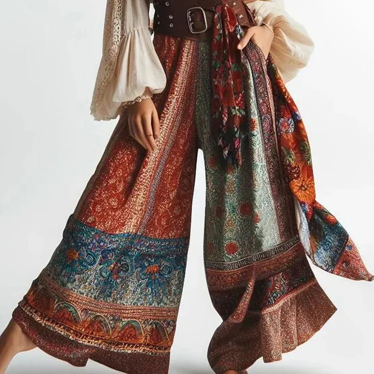 Women Fashion Casual Boho Printed Color Matching Loose Micro-Pants