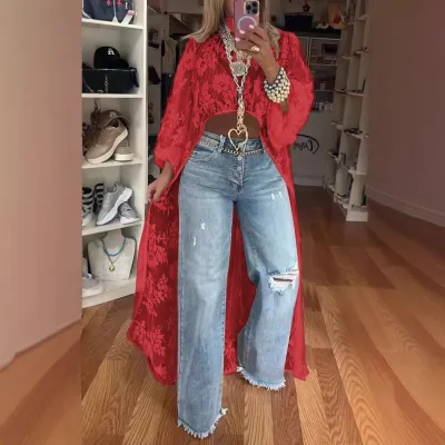 Women Sexy Irregular Floral Lace See-Through Long-Sleeve Blouse