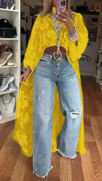 Women Sexy Irregular Floral Lace See-Through Long-Sleeve Blouse