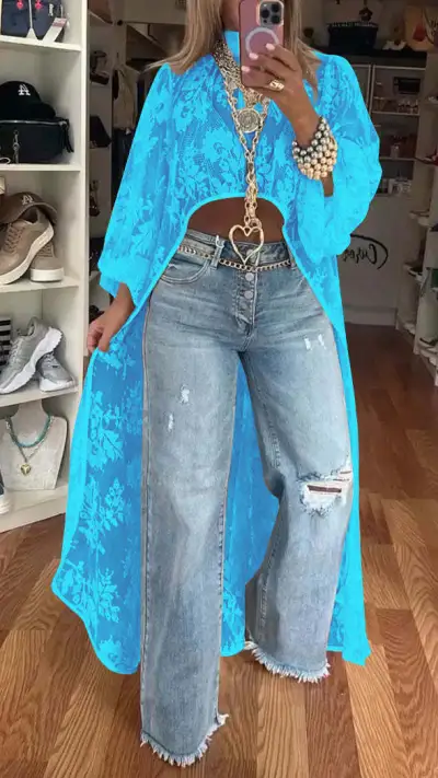 Women Sexy Irregular Floral Lace See-Through Long-Sleeve Blouse