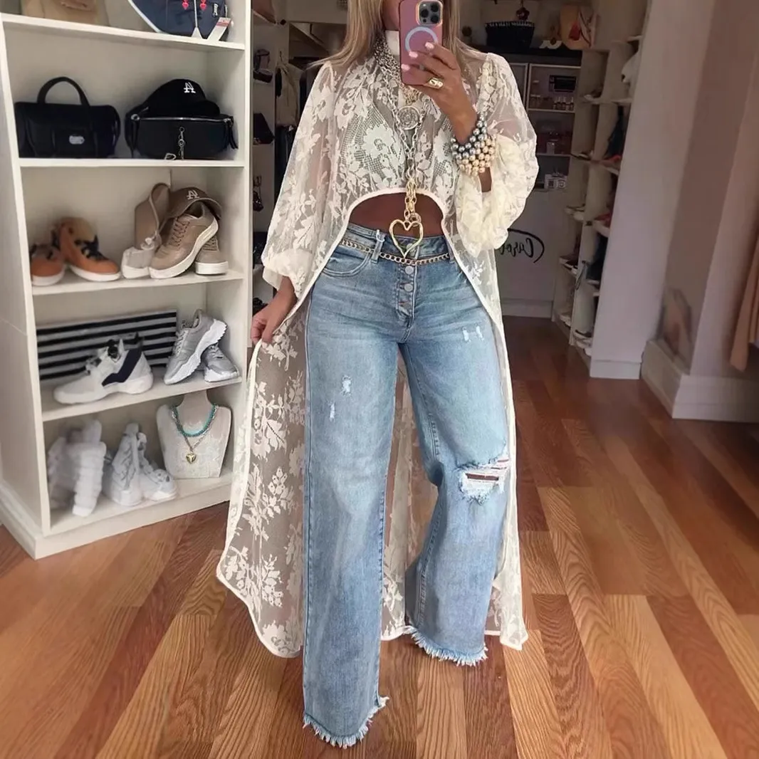 Women Sexy Irregular Floral Lace See-Through Long-Sleeve Blouse