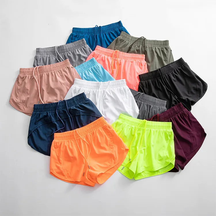 Women's Quick-Dry Lined Sports Shorts - Solid Color Polyester Spandex