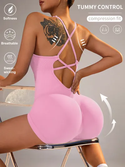 Women Backless Sports Romper Solid Color Leg-Bundled Pants