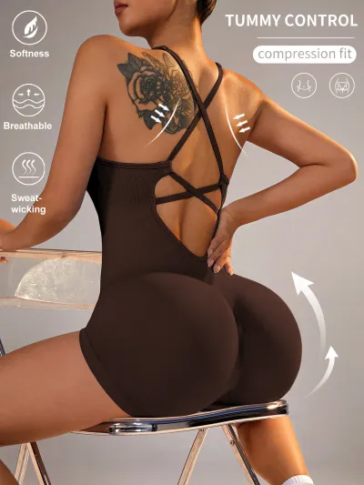 Women Backless Sports Romper Solid Color Leg-Bundled Pants