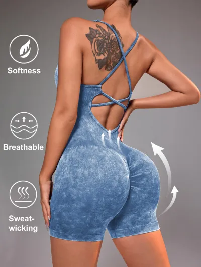 Women Backless Sports Romper Solid Color Leg-Bundled Pants