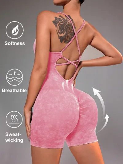 Women Backless Sports Romper Solid Color Leg-Bundled Pants