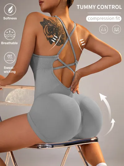 Women Backless Sports Romper Solid Color Leg-Bundled Pants