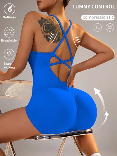 Women Backless Sports Romper Solid Color Leg-Bundled Pants