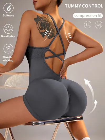 Women Backless Sports Romper Solid Color Leg-Bundled Pants