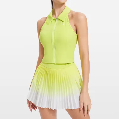 Women Fashion Large Lapel Sleeveless Tanks And Pleated Skirts Tennis Sports Sets