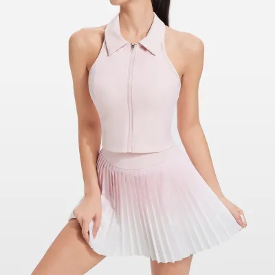 Women Fashion Large Lapel Sleeveless Tanks And Pleated Skirts Tennis Sports Sets