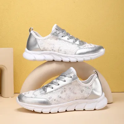 Women Fashion Mesh Sequin Plus Size Sneaker Lace Up Thick Sole