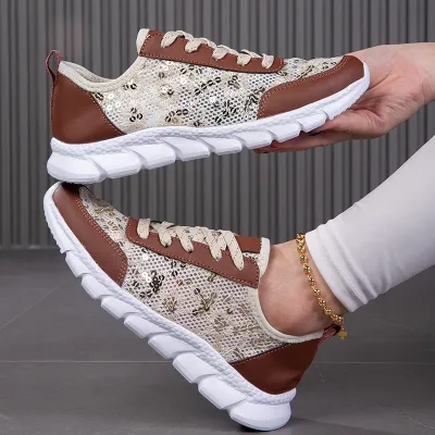 Women Fashion Mesh Sequin Plus Size Sneaker Lace Up Thick Sole