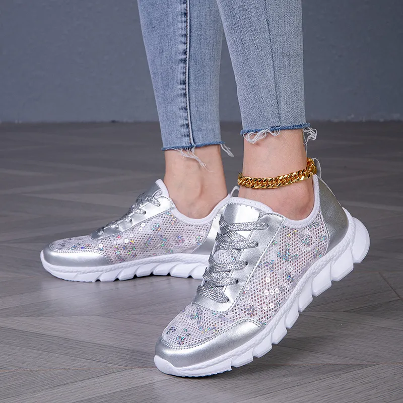Women Fashion Mesh Sequin Plus Size Sneaker Lace Up Thick Sole